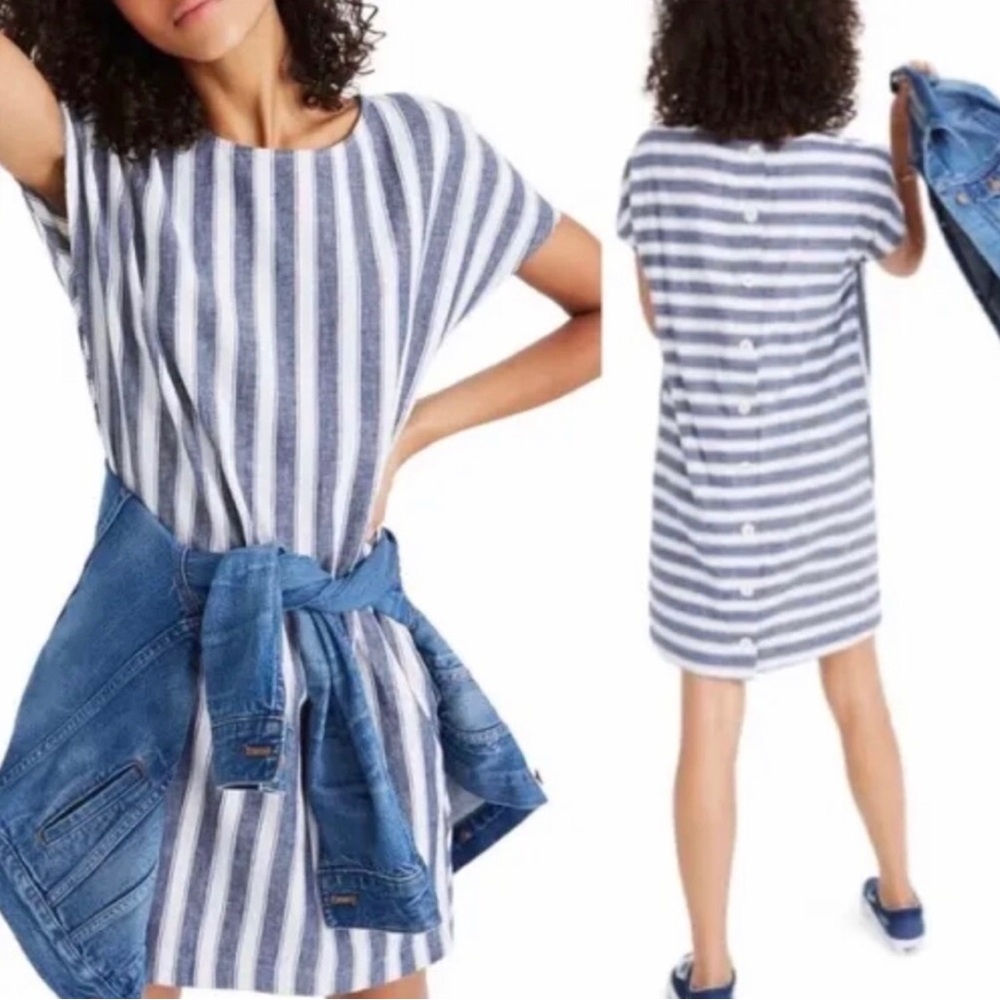Madewell Women Beach Striped Linen Blend Button Up Shift Dress Size XS Blue Boho